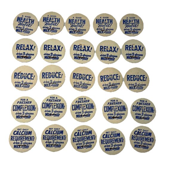 Vintage Lot 25 Milk Bottle Caps Blue & White Dairy Collectible 5 of 5 designs - Picture 1 of 4